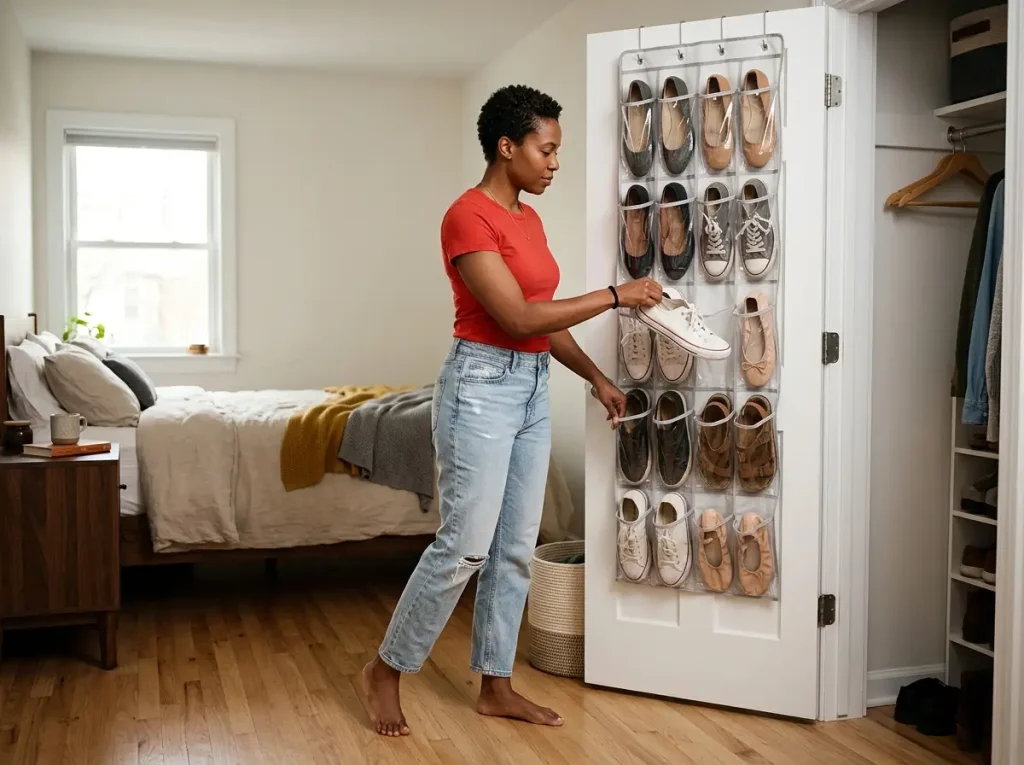 Over-door clear pocket shoe organizer on a bedroom closet door with a woman pulling out one sneaker