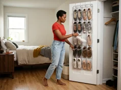 Over-Door Shoe Storage That Won’t Wreck Your Door Over-door clear pocket shoe organizer on a bedroom closet door with a woman pulling out one sneaker