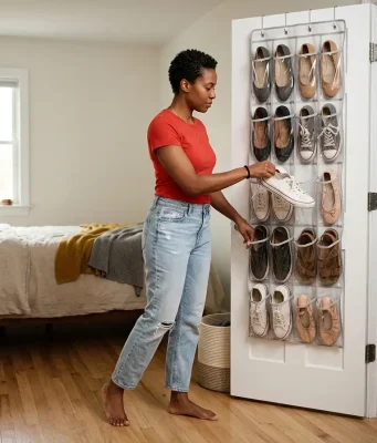 Over-Door Shoe Storage That Won’t Wreck Your Door Over-door clear pocket shoe organizer on a bedroom closet door with a woman pulling out one sneaker