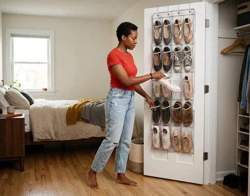 Over-Door Shoe Storage That Won’t Wreck Your Door Over-door clear pocket shoe organizer on a bedroom closet door with a woman pulling out one sneaker