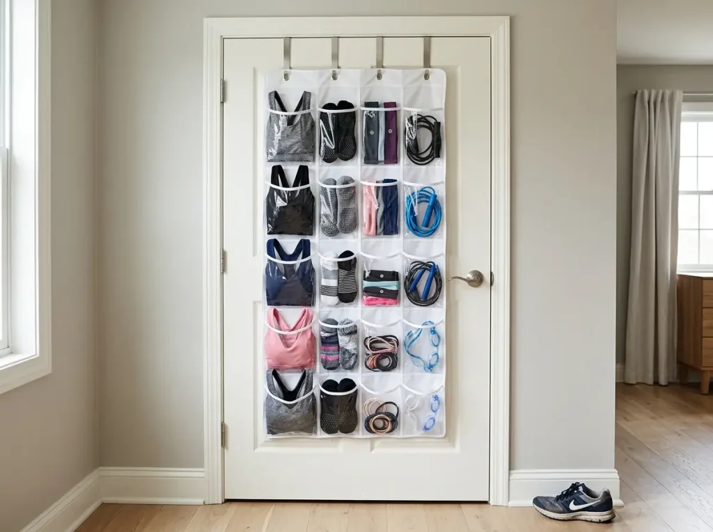Over-the-door organizer with clear pockets holding sorted sports bras, socks, and headbands