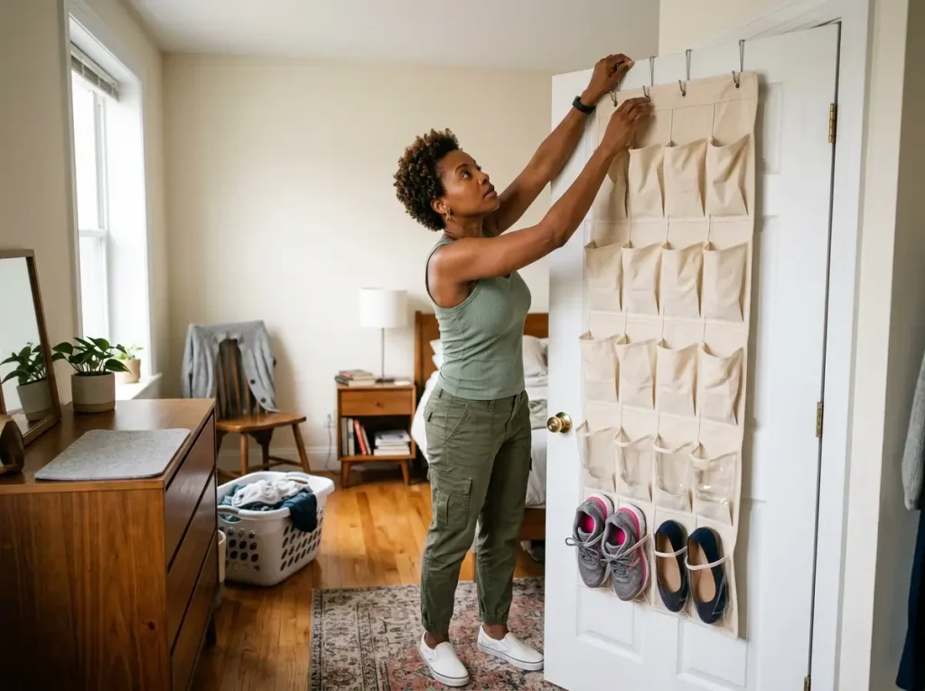 Best Shoe Organizers for Every Space and Budget 2 Woman hanging an over-the-door shoe organizer, checking the top hooks on a closet door