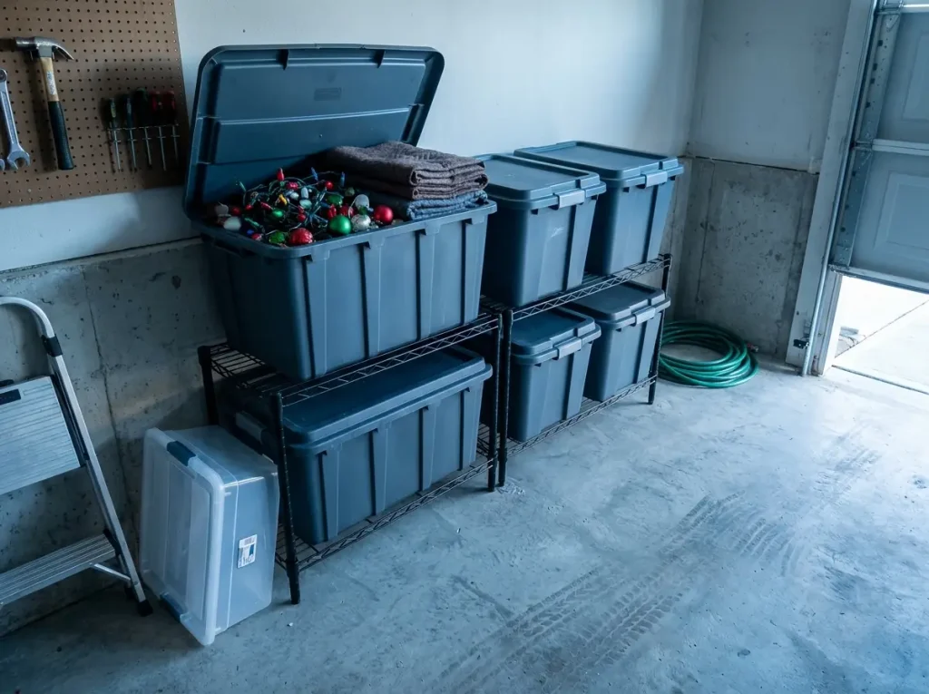 Heavy-duty weathertight plastic storage totes stacked on metal shelving in a cool garage