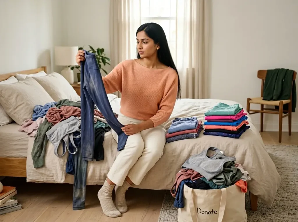 Woman sorting a pile of workout clothes on a bed into keep and donate stacks beside a tote bag