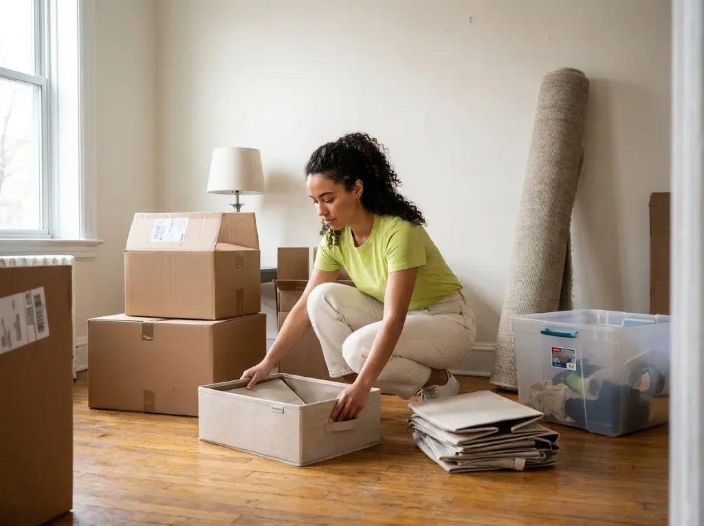 Woman folding flat collapsible fabric storage bins while packing for an apartment move