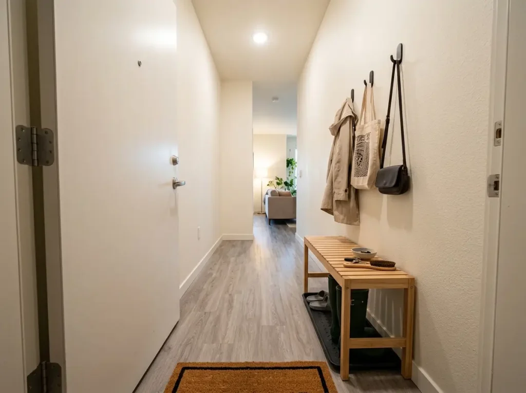 Entryway bench and freestanding hook rail against wall with door swing arc visible in apartment