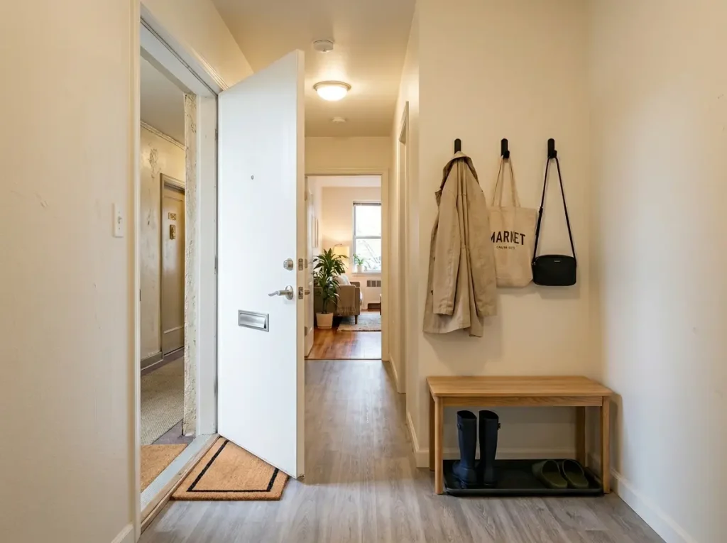Entryway bench and freestanding hook rail against wall with door swing arc visible in apartment