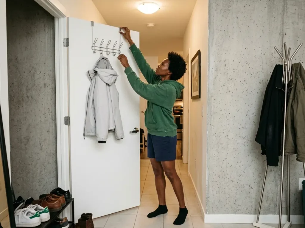 Woman placing an over-door hook organizer on an apartment interior door