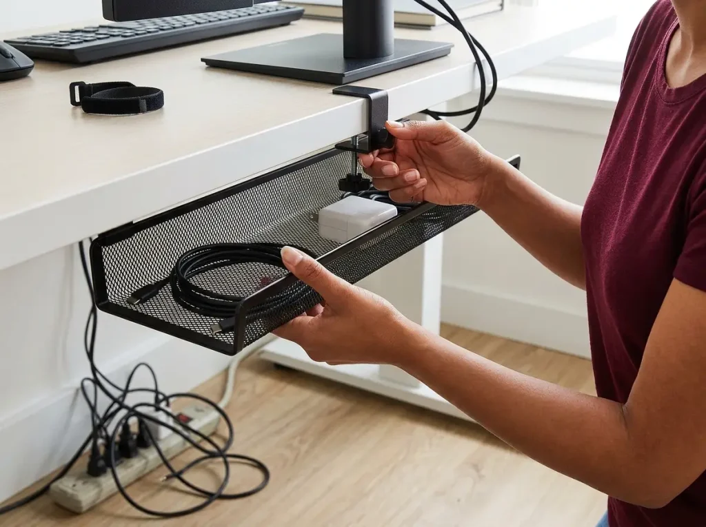 Why Your Small Apartment Desk Gets Messy Again 7 Close-up of hands installing a Cinati clamp-mount cable tray under apartment desk without drilling