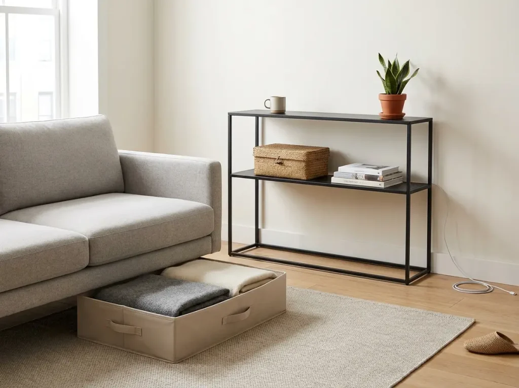 Renter-friendly living room with a slim console table and under-sofa storage bins no drilling