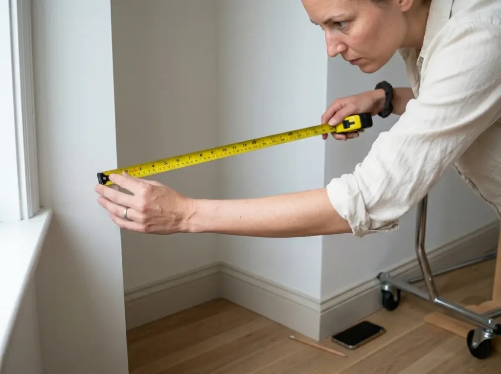 Hands measuring an alcove with a tape measure to fit a clothing rack with no closet