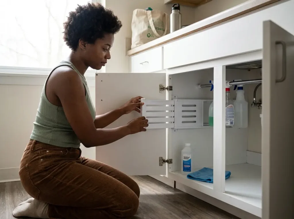 Woman mounting a no-drill adhesive pull-out organizer inside a base cabinet in a rental kitchen