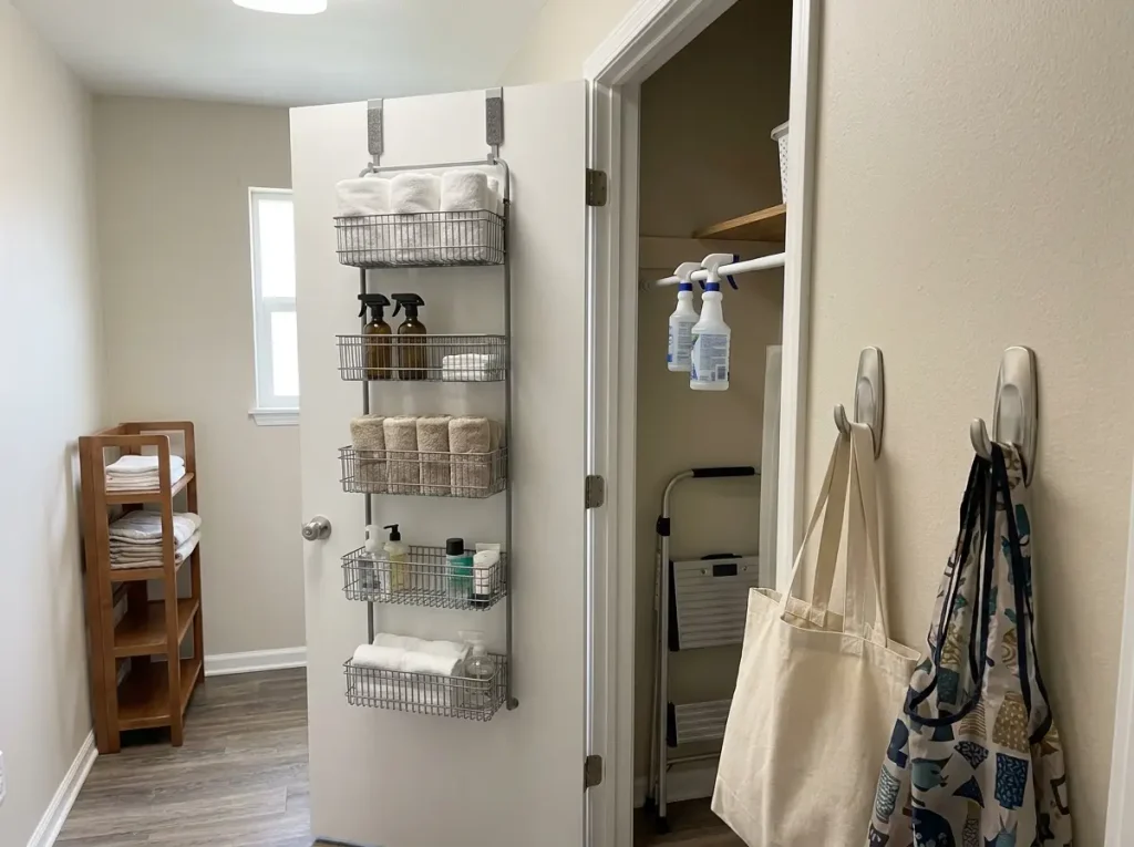 Over-the-door organizer holding supplies with no drilling, a no-drill renter solution for minimalist home organization