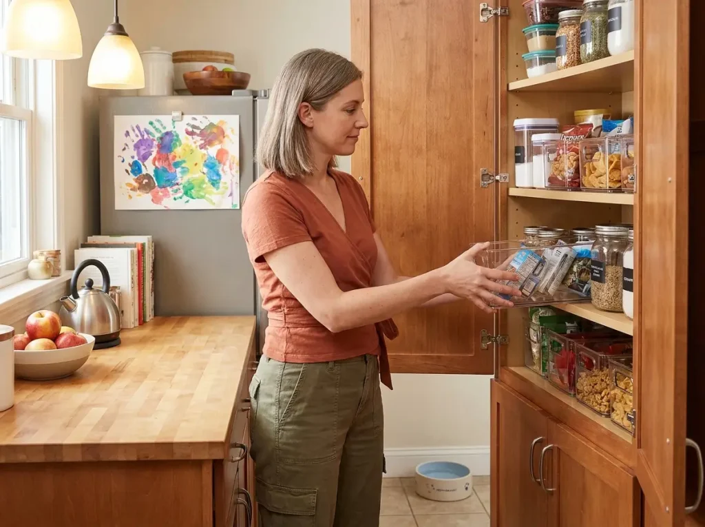 Woman organizing clear stackable bins inside a kitchen pantry cabinet