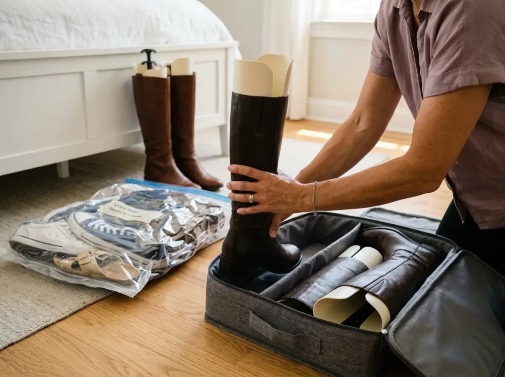 Shoe Organization That Actually Lasts 12 Hands packing boots into flat under-bed organizer for seasonal storage with boot shapers and vacuum storage bags nearby