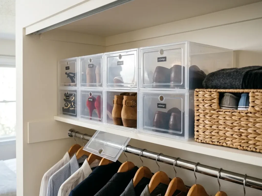 How to Organize Shoes in a Closet That Won't Pile Up Again 6 Clear stackable shoe boxes on a closet top shelf holding seasonal and occasional pairs