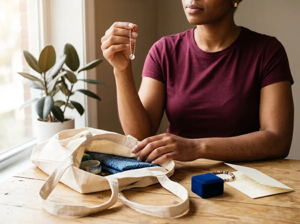 How to Declutter Sentimental Items Without the Guilt 7 Hands holding a piece of jewelry over table with donation bag nearby, deciding what to keep and what to let go