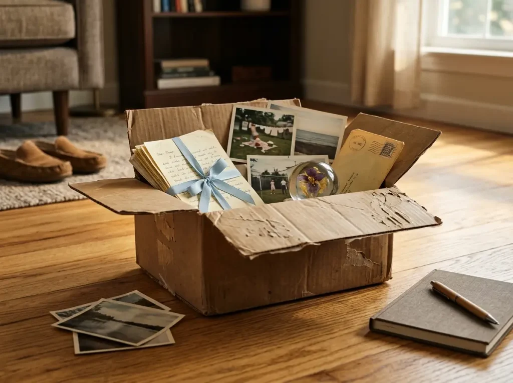How to Declutter Sentimental Items Without the Guilt 1 Open cardboard box of old photos and handwritten letters on hardwood floor, warm evening light, nostalgic mood