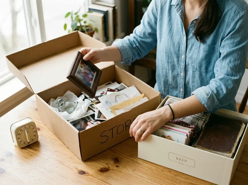 Hands sorting items from a cardboard box into a smaller keepsake banker's box, home decluttering in progress