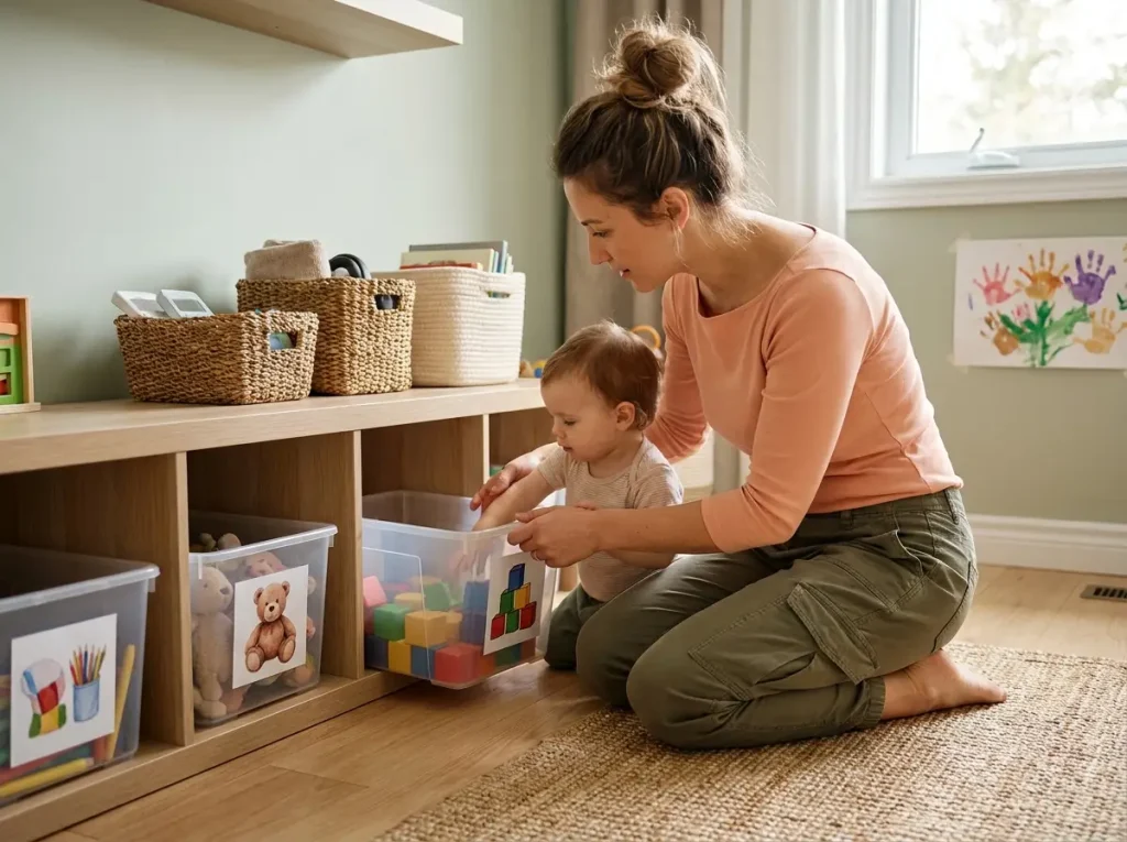 Woman and child using clear bins with picture labels at kid height, a shared-space minimalist organization system
