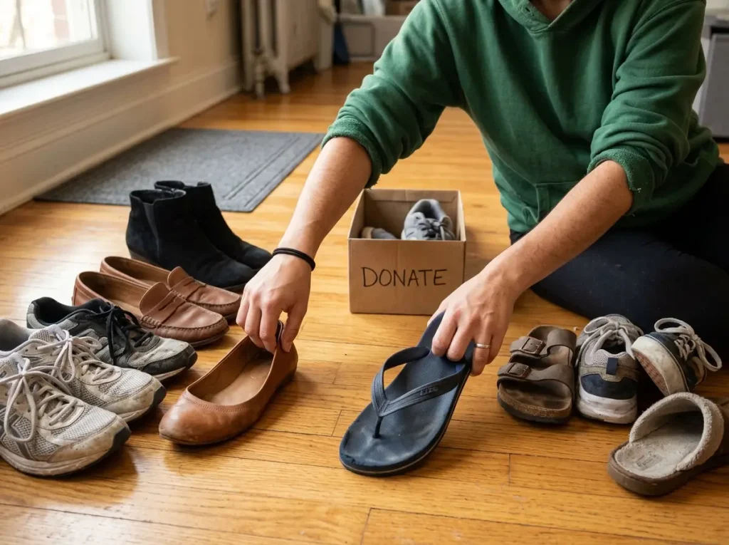 Close-up of hands sorting shoes into two piles on hardwood floor, shoe declutter process