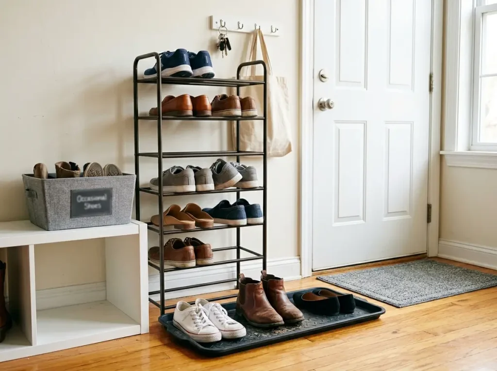 Apartment entryway with boot tray holding daily shoes and tiered rack with weekly pairs organized by frequency