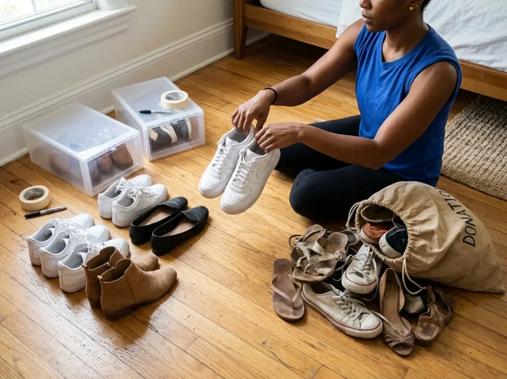 Shoe Organization That Actually Lasts 1 Two piles of shoes on hardwood floor during shoe declutter session with donation bag and clear boxes nearby