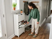 Shoe Organization That Actually Lasts Woman opening slim shoe cabinet in organized apartment entryway with boot tray beside it