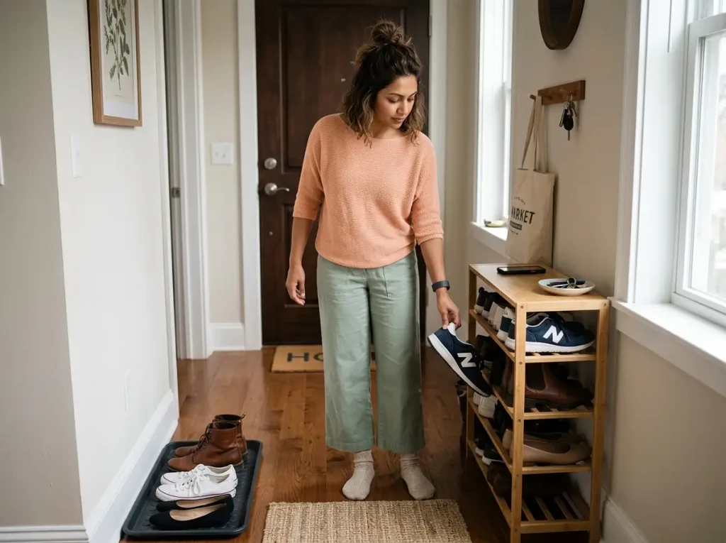 Woman doing quick 5-minute shoe reset scan at entryway, maintenance routine shoe organization