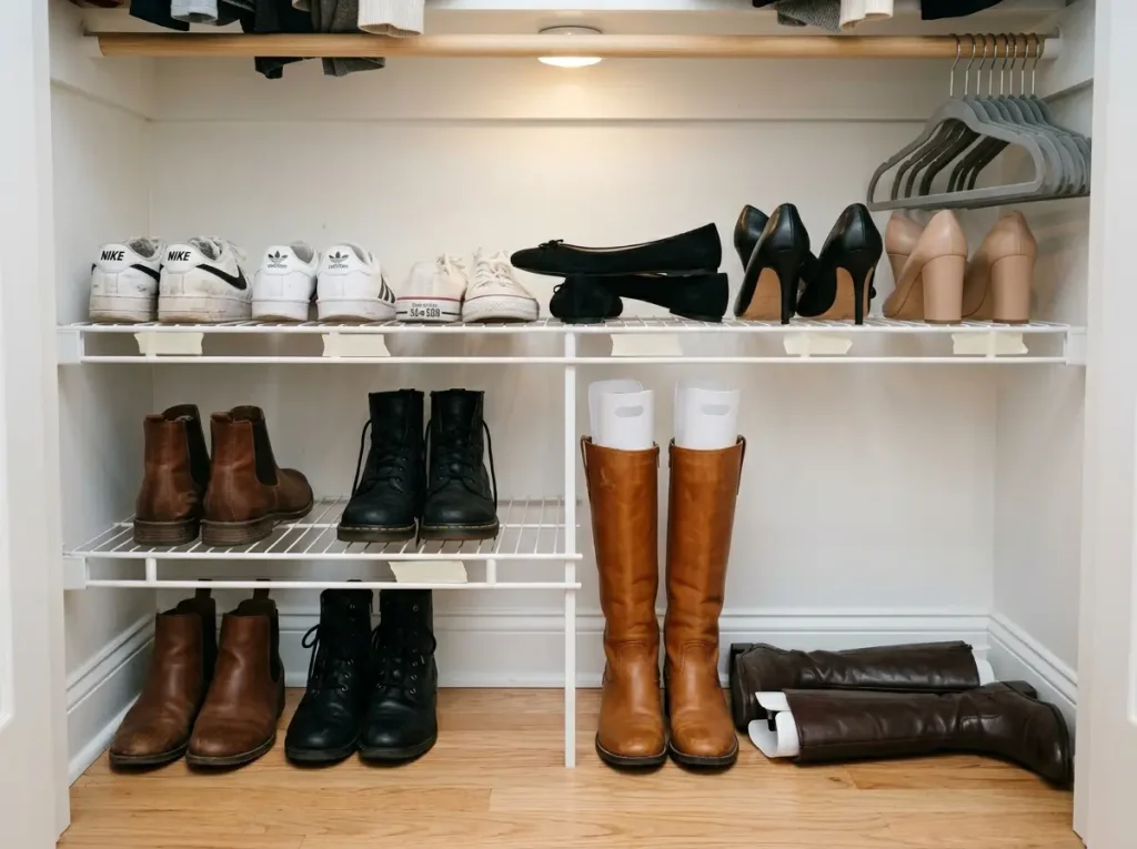 Shoe Organization That Actually Lasts 3 Different shoe types organized by category on closet shelves showing varying height and depth storage requirements