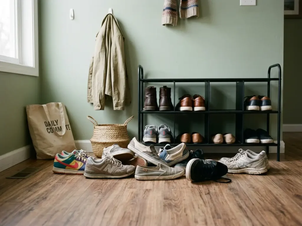 Best Shoe Organizers for Every Space and Budget 12 Entryway floor with shoes piling up beside a rack, the daily-wear pile that defeats shoe storage