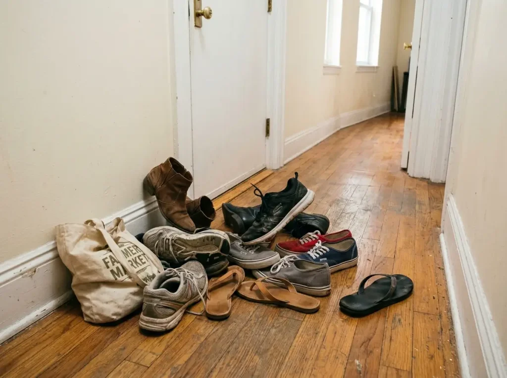 Shoe Storage Ideas for Small Spaces, Room by Room 1 Shoe pile of shame at an apartment front door — heaps of mismatched shoes with no system