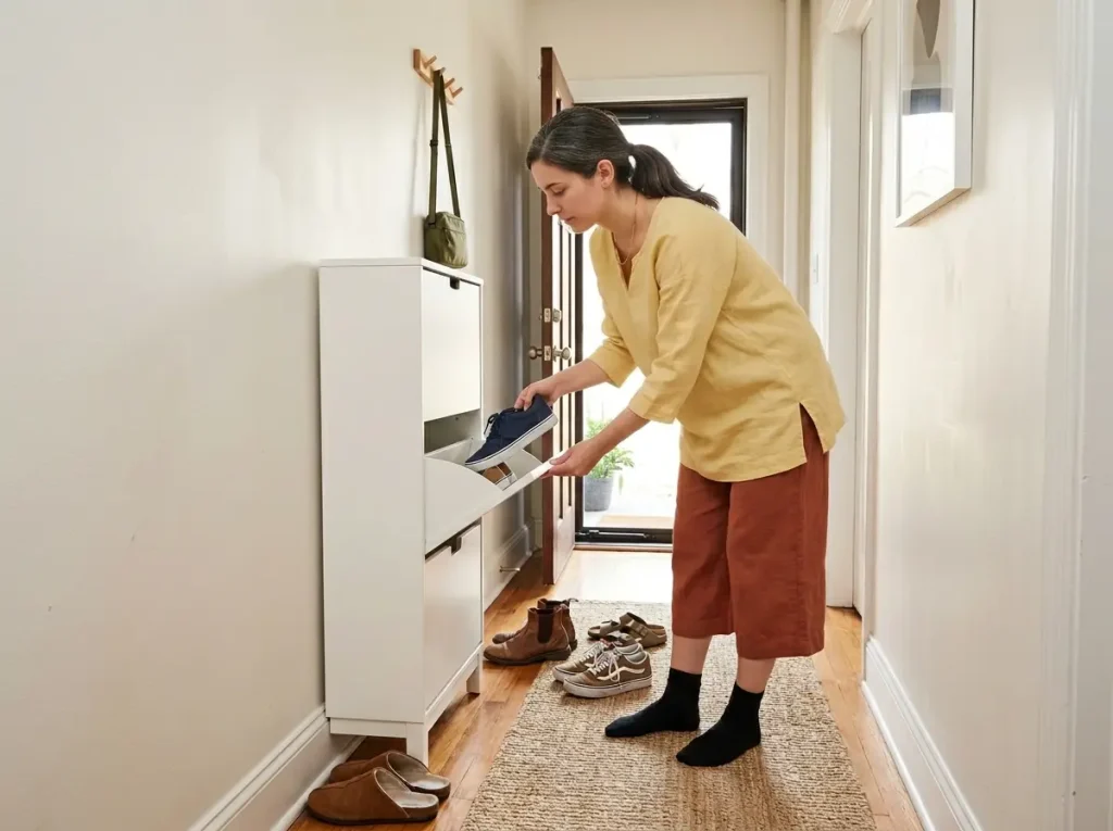 German American woman sorting shoes into a slim entryway cabinet in a small apartment hallway