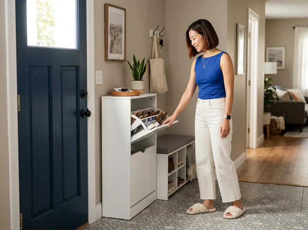 Best Shoe Organizers for Every Space and Budget 10 Woman closing a slim flip-drawer shoe cabinet in a small apartment entryway by the front door