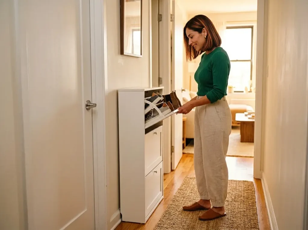 Woman opening slim flip-drawer shoe cabinet in narrow apartment entryway, closed shoe storage small space