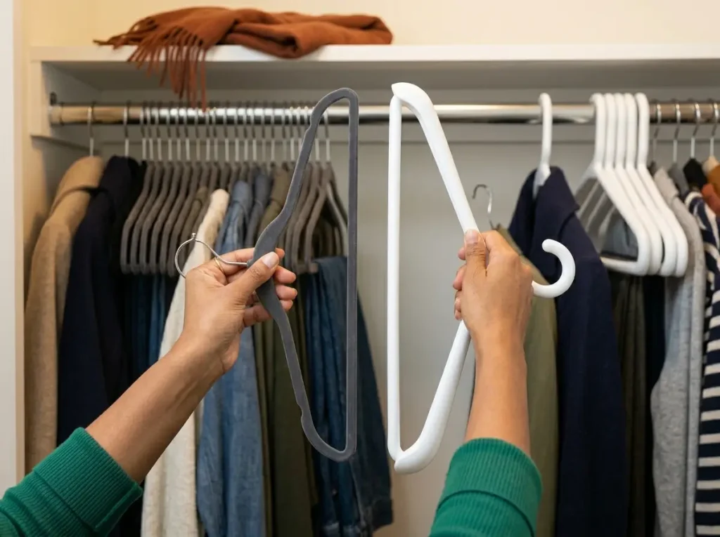 Hands comparing a slim velvet hanger to a bulky plastic hanger to save rod space for winter coats