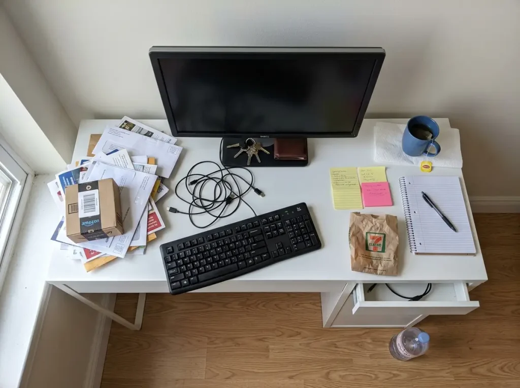 Why Your Small Apartment Desk Gets Messy Again 1 Overhead view of a cluttered small apartment desk showing desk drift before organizing