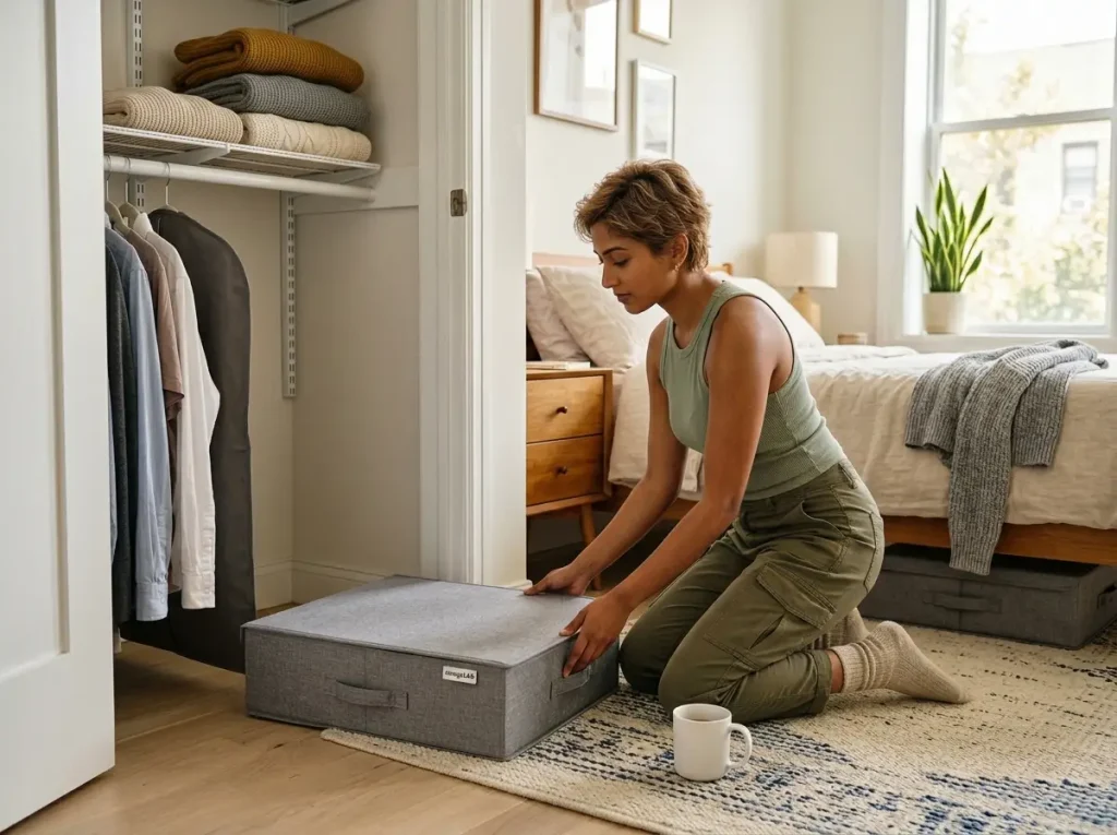 Woman storing sweaters in a small closet with a shelf bin and a low under-bed box, no dresser