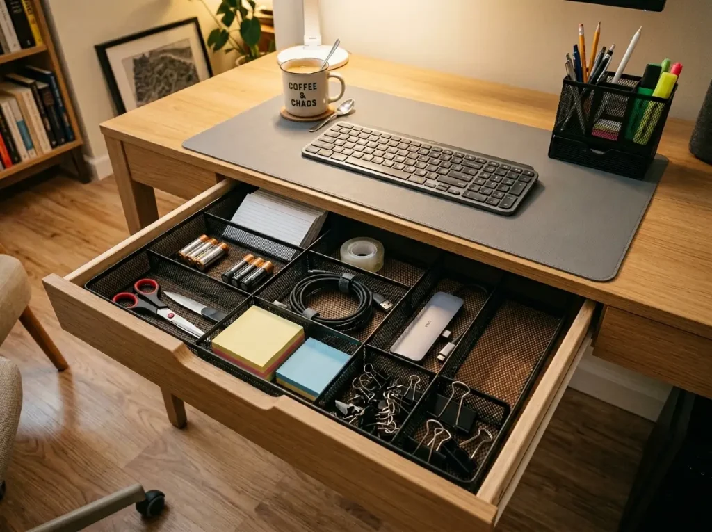 Why Your Small Apartment Desk Gets Messy Again 6 Open desk drawer showing Marbrasse mesh organizer with labeled compartments on small apartment desk