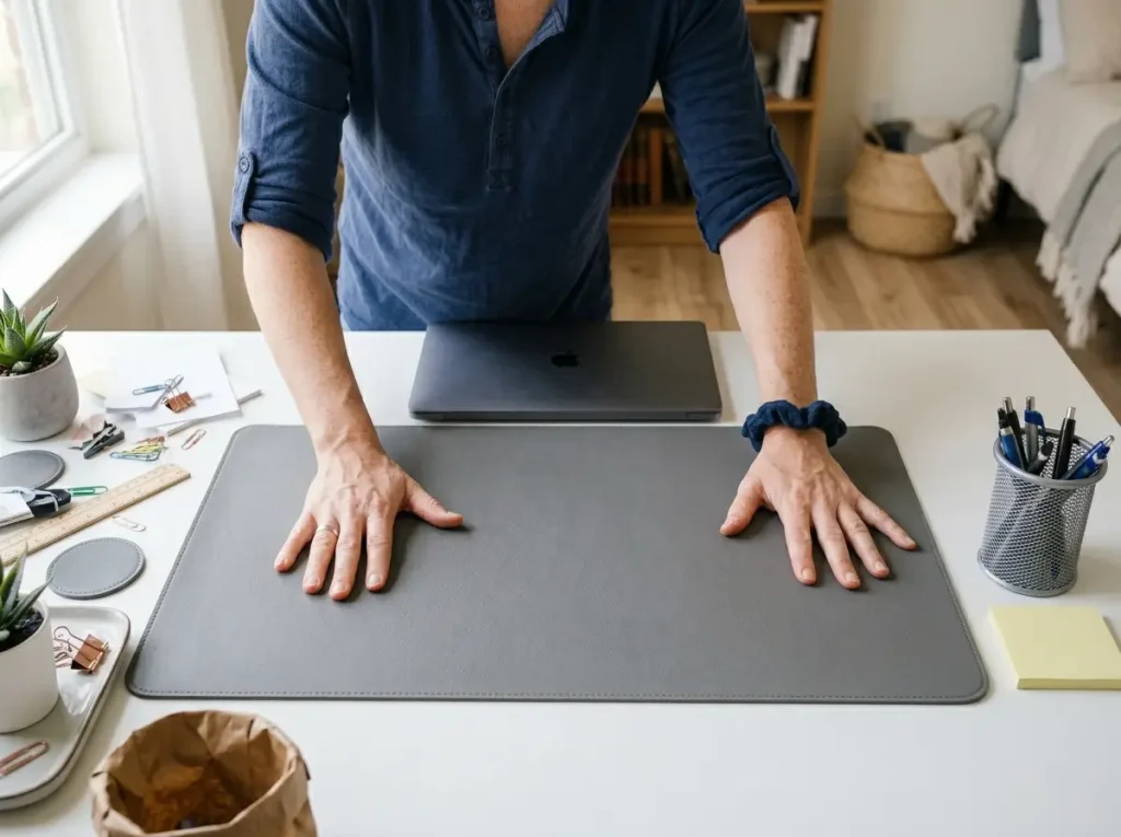 Why Your Small Apartment Desk Gets Messy Again 3 Close-up of hands placing a gray leather desk pad on a small apartment writing desk