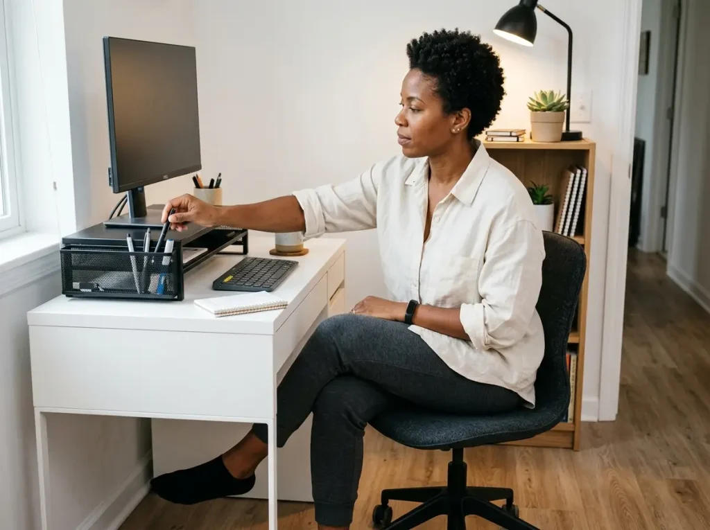 Why Your Small Apartment Desk Gets Messy Again 4 African American woman reaching for items stored under a monitor riser on a small apartment desk