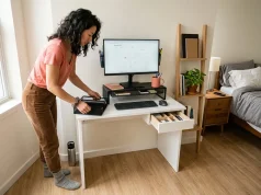 Why Your Small Apartment Desk Gets Messy Again Chinese American woman organizing a small apartment desk with monitor riser and drawer organizer