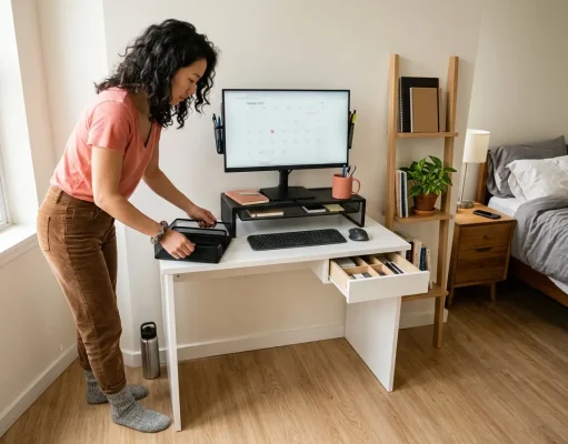 Why Your Small Apartment Desk Gets Messy Again Chinese American woman organizing a small apartment desk with monitor riser and drawer organizer