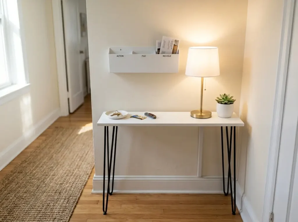 Narrow 10-inch console table in small entryway with key tray, lamp, and slim mail organizer