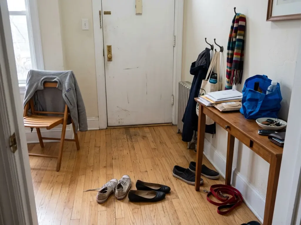 Cluttered apartment entryway with coats on chair, shoes scattered, items on every flat surface