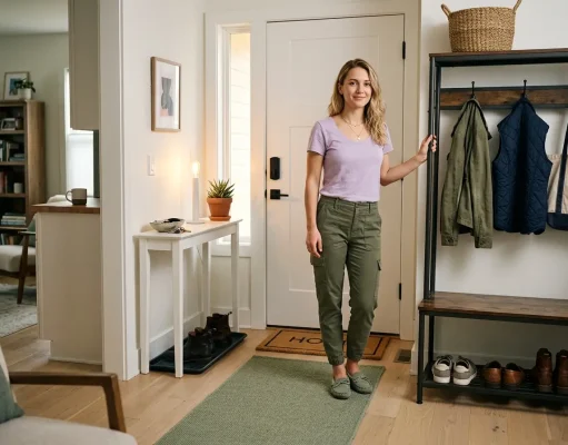How to Organize a Small Entryway That Stays Neat Organized small apartment entryway with wall hooks, bench, and shoe rack in narrow hallway