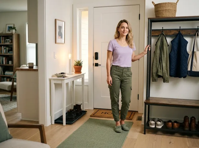 Organized small apartment entryway with wall hooks, bench, and shoe rack in narrow hallway