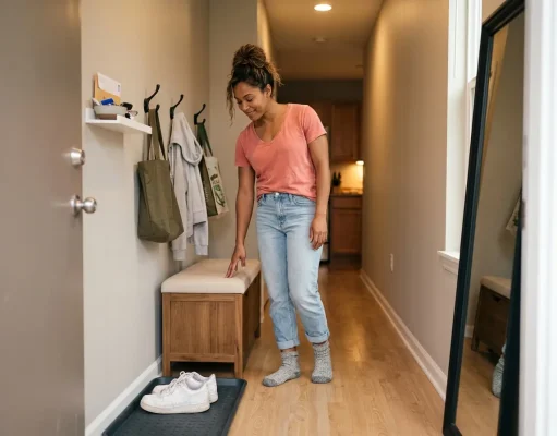 9 Small Entryway Organization Ideas That Stick Small entryway organization ideas for apartments — boot tray, hooks, bench system at the front door