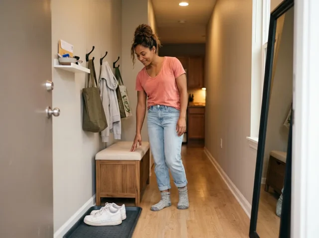 Small entryway organization ideas for apartments — boot tray, hooks, bench system at the front door
