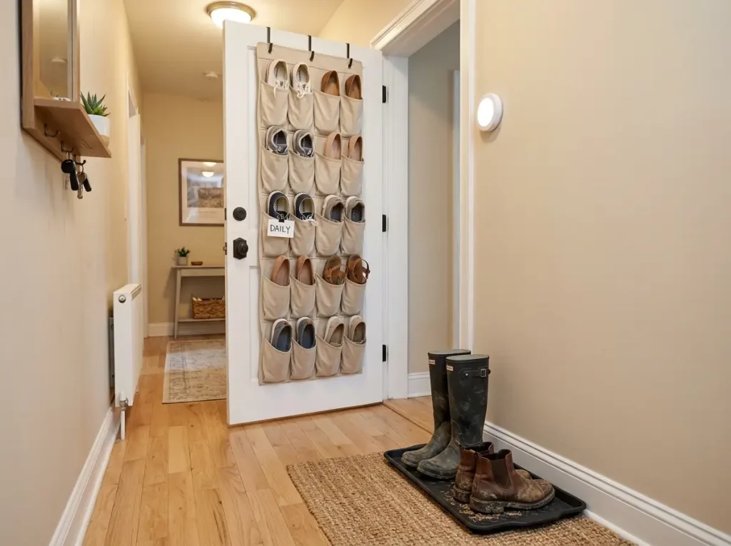 Small entryway shoe storage with boot tray and over-door shoe organizer, no floor rack needed